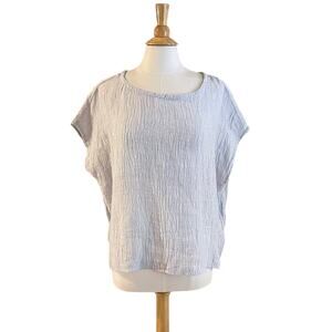 Tahari Baby Blue Short Sleeve Gauzy Textured 100% Linen Blouse, Size L
